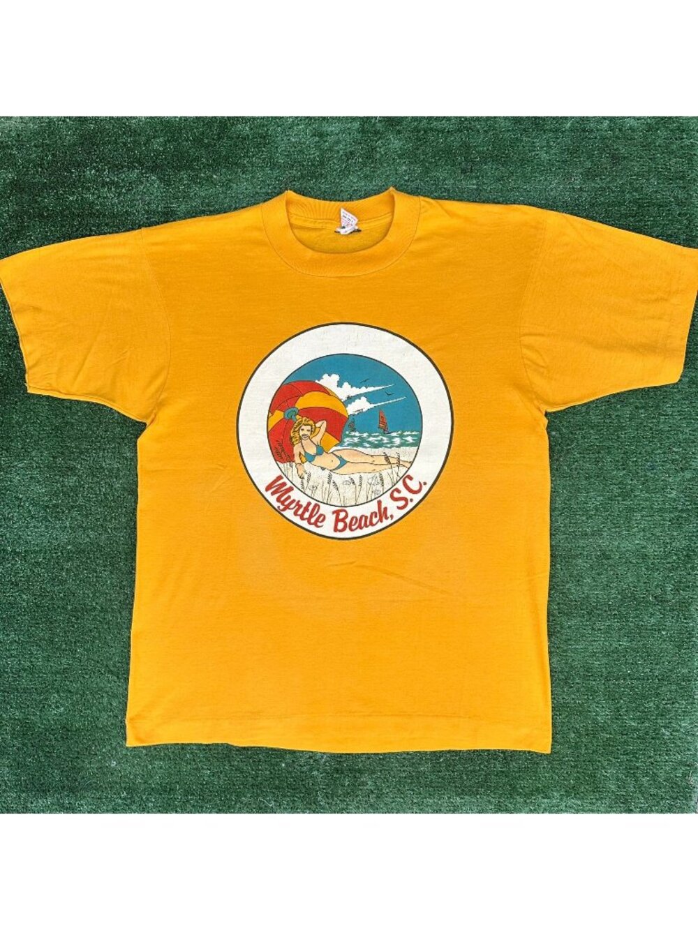 Vintage 70s Myrtle Beach T-Shirt Yellow Coastal Souvenir Single Stitch Tourist